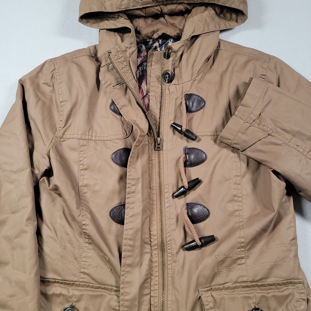 Aeropostale Toggle Hooded Jacket Women Small Tan Solid Cotton Ikat Lined Coat - Picture 3 of 13